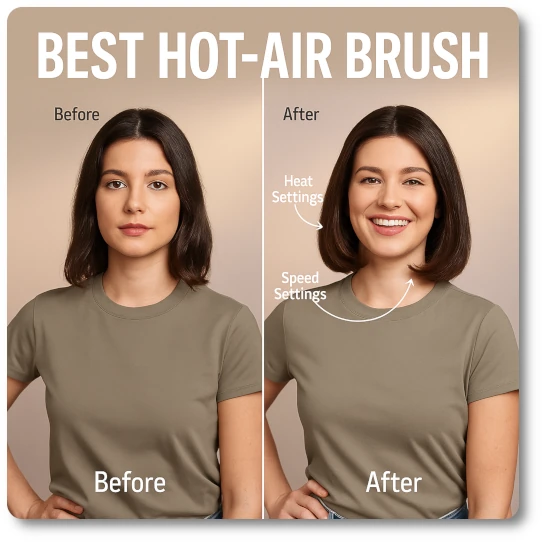 Side-by-side before and after image of a brunette woman with shoulder-length hair showing the results of using a hot-air brush. The left side shows her hair with natural frizz, while the right side shows smooth, voluminous styling. Diagram labels point to her hair with “Heat Settings” near the top and “Speed Settings” near the bottom, emphasizing how these features shape the final style. The headline reads “Best Hot-Air Brush.