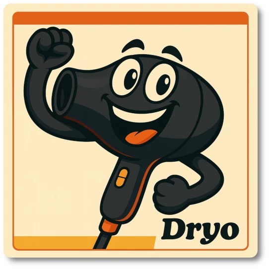 Dryo, a cartoon black hair dryer with big smiling eyes and raised fist, set against a simple retro-beige background with an orange border.