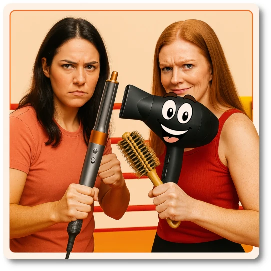Two determined women stand in a boxing ring facing the camera. The woman on the left grips a Dyson Airwrap barrel, while the woman on the right holds a smiling cartoon-faced hair dryer (“Dryo”) and a boar-bristle round brush