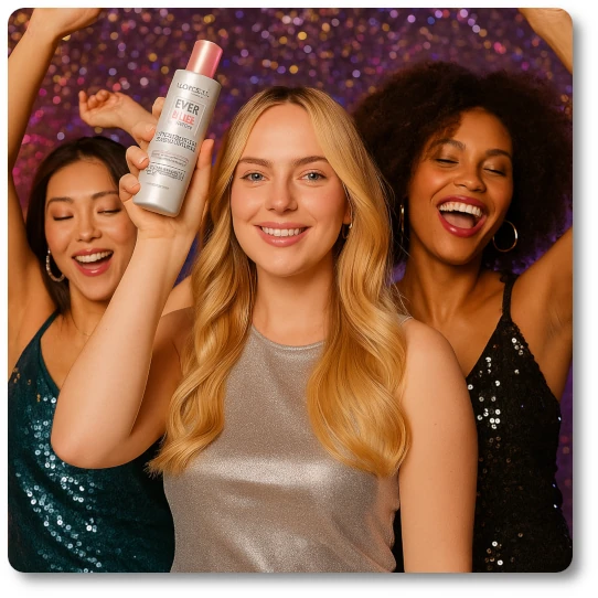 Three young women dancing at a festive party, smiling and holding up L'Oréal Ever Pure Glossing 5-Min Lamination Mask. The central blonde woman wears a silver dress and raises the product proudly, while the others in teal and black sequin dresses cheer beside her. The background glows with sparkling purple and gold lights.