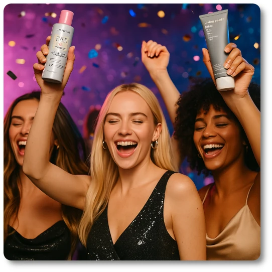 Three joyful young women dancing at a lively party, each holding up a bottle of Living Proof High-Shine Gloss. They’re surrounded by soft pink and golden lights, wearing fun, casual party outfits. The product is clearly visible in their hands, scaled accurately to size, with shiny hair that reflects the ambient lighting, emphasizing gloss and vibrancy.
