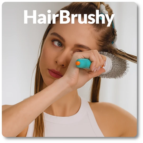 Young woman styling her hair with a Moroccanoil ceramic round brush, shown in a bright, minimalist setting with soft lighting. The turquoise brush is held close to her face, and her hair is sectioned with clips. The scene includes “HairBrushy” branding in the top-left corner