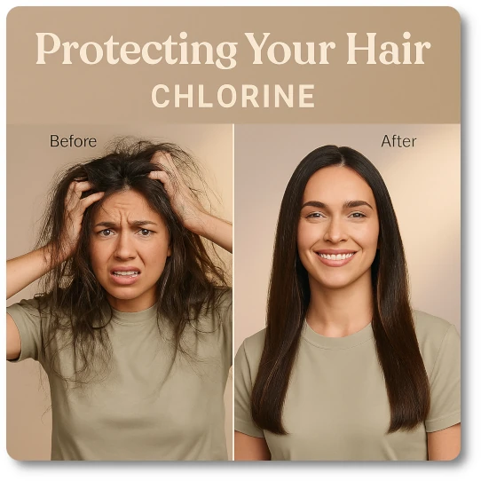 Side-by-side "Before" and "After" photo of a young woman. On the left, she looks distressed with frizzy, dull hair and is scratching her scalp. On the right, she appears happy and relaxed, with smooth, shiny, frizz-free hair. The title overlay reads "Protecting Your Hair: Chlorine."