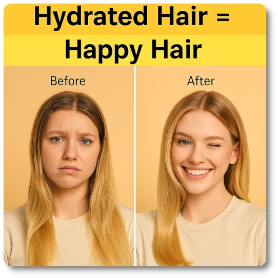 Split-screen before-and-after photograph of a young blonde female beauty model. On the left, her oily, matted hair looks dull, and she appears concerned. On the right, she has sleek, shiny, voluminous hair, smiling confidently and winking at the camera. The background uses soft, peach and cream tones consistent with HairBrushy’s brand colors.